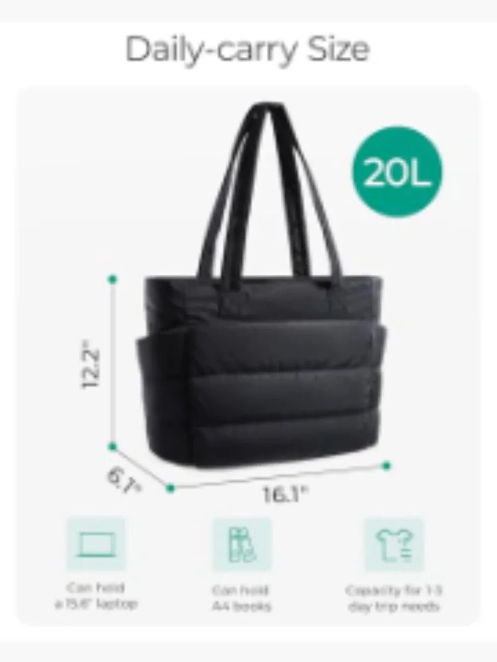Lightweight Puffer Tote Bag, Quilted Work Tote, 15.6 Laptop